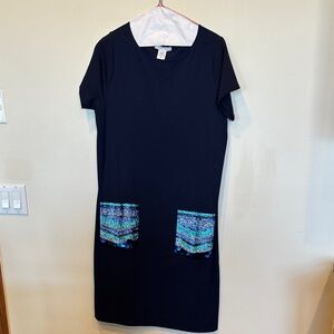 “Joan Vass” Navy Dress with Blue Sequin Pockets-New